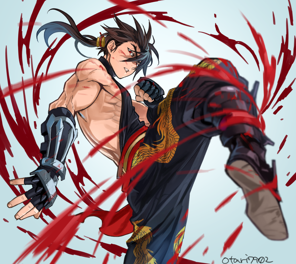 1boy action black_hair blood brown_hair cannon_dancer fingerless_gloves gloves indesign kirin_(cannon_dancer) long_hair male_focus muscle ponytail red_eyes solo
