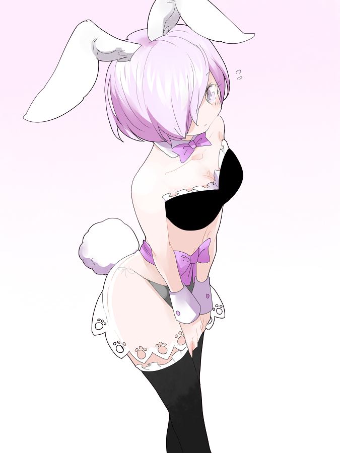 1girl animal_ears bare_shoulders bow bowtie bra breasts bunny_girl bunny_tail detached_collar fake_animal_ears fate/grand_order fate_(series) frilled_bra frills hair_over_one_eye neji_(ultramarinesunset) nightgown panties purple_hair rabbit_ears see-through shielder_(fate/grand_order) short_hair solo tail thigh-highs underwear violet_eyes wrist_cuffs