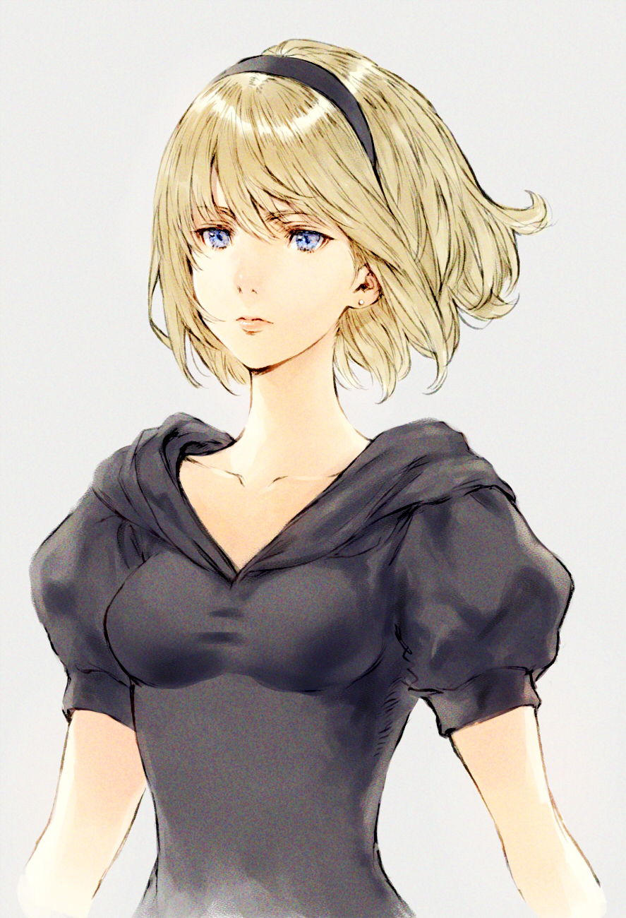 1girl bangs blonde_hair blue_eyes breasts collarbone grey_background hairband highres impossible_clothes lips makimura_shunsuke mouth nier_automata puffy_sleeves short_hair simple_background solo taut_clothes upper_body yorha_unit_no._2_type_b