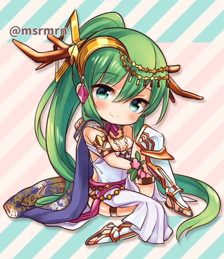 1girl artemis_(p&amp;d) blush breasts cape cleavage green_eyes green_hair jewelry long_hair marshmallow_mille necklace ponytail puzzle_&amp;_dragons sandals sitting smile solo tiara