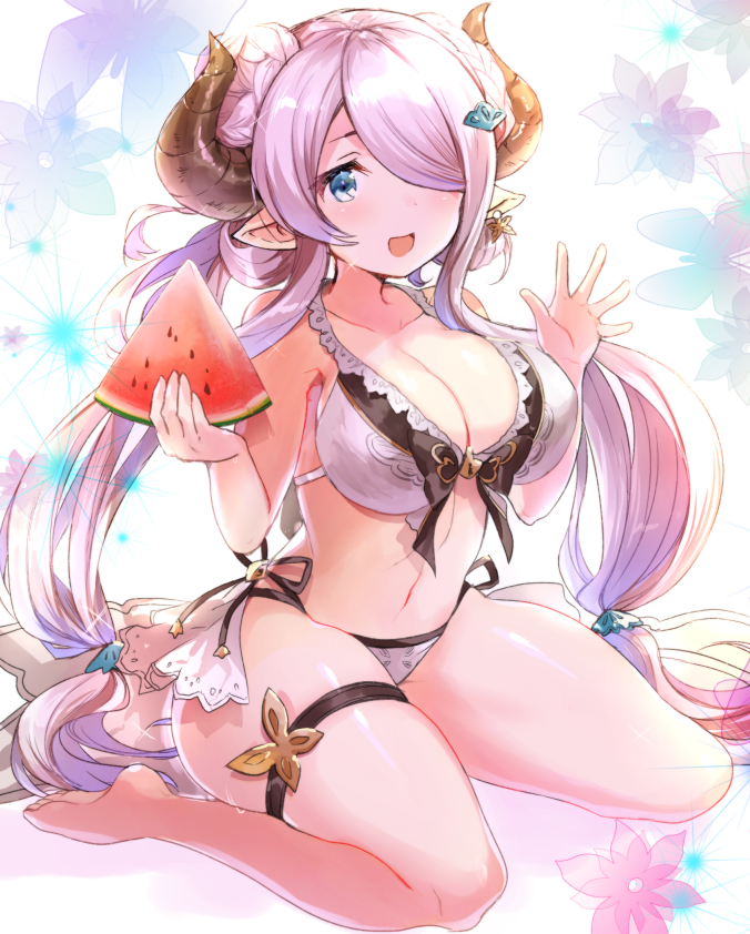 1girl :d alternate_costume alternate_hairstyle barefoot bikini blue_eyes breasts cleavage doraf flower food fruit granblue_fantasy hair_ornament hair_over_one_eye hairclip hayama_eishi holding horns large_breasts long_hair looking_at_viewer narumeia_(granblue_fantasy) open_mouth pointy_ears purple_hair shiny shiny_skin sidelocks sitting skindentation smile solo sparkle swimsuit thigh_strap thighs twintails very_long_hair wariza watermelon waving white_bikini