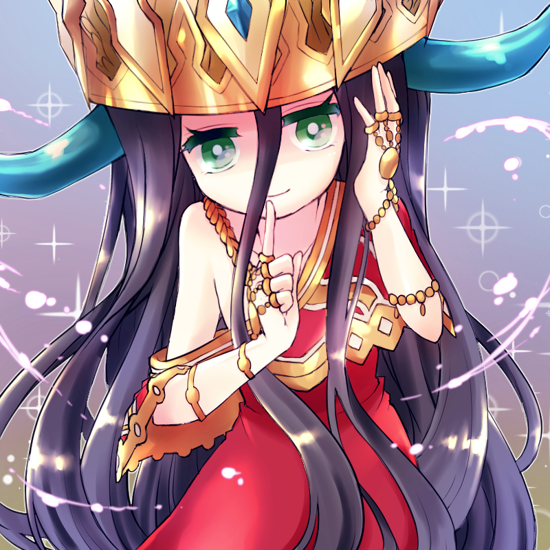 1girl black_hair crown dress finger_to_mouth green_eyes horns jewelry off_shoulder paimon_(p&amp;d) pikomarie puzzle_&amp;_dragons shushing solo