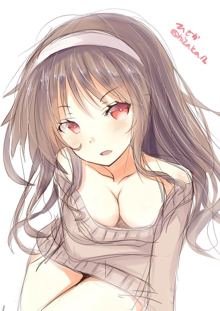 1girl alternate_costume ashigara_(kantai_collection) bangs bare_shoulders blush breasts brown_hair cleavage collarbone cowboy_shot eyebrows eyebrows_visible_through_hair hairband hizaka kantai_collection long_hair looking_at_viewer medium_breasts no_pants open_mouth red_eyes simple_background solo sweater twitter_username white_background