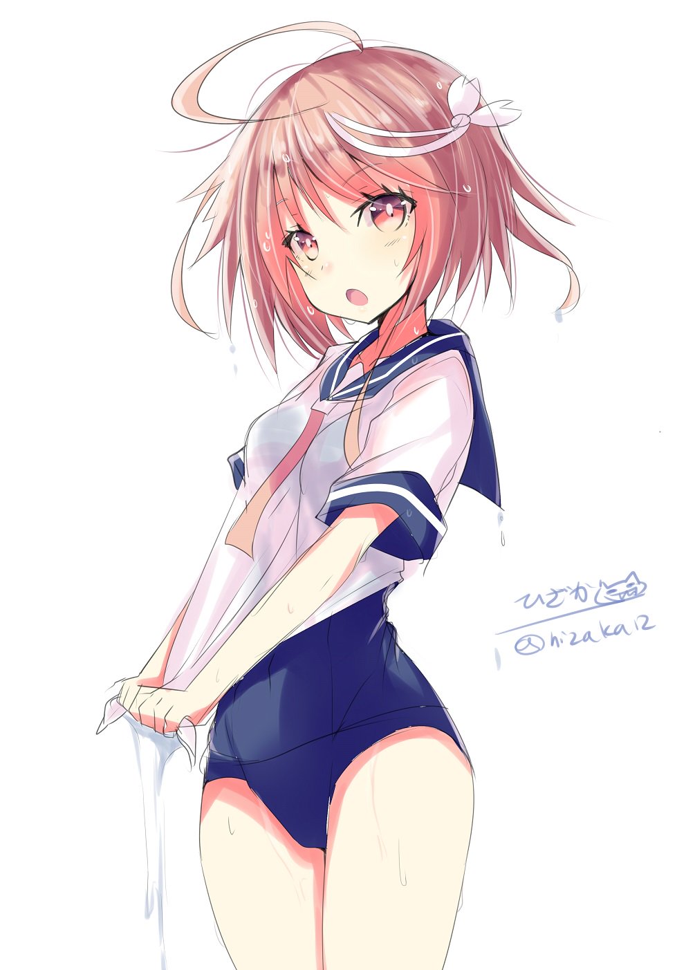 1girl ahoge bangs blush collarbone cowboy_shot eyebrows eyebrows_visible_through_hair hair_ornament highres hizaka i-58_(kantai_collection) kantai_collection looking_at_viewer neckerchief open_mouth pink_eyes pink_hair school_swimsuit school_uniform serafuku short_hair_with_long_locks short_sleeves simple_background solo standing swimsuit twitter_username wet wet_clothes wet_hair white_background wringing_clothes