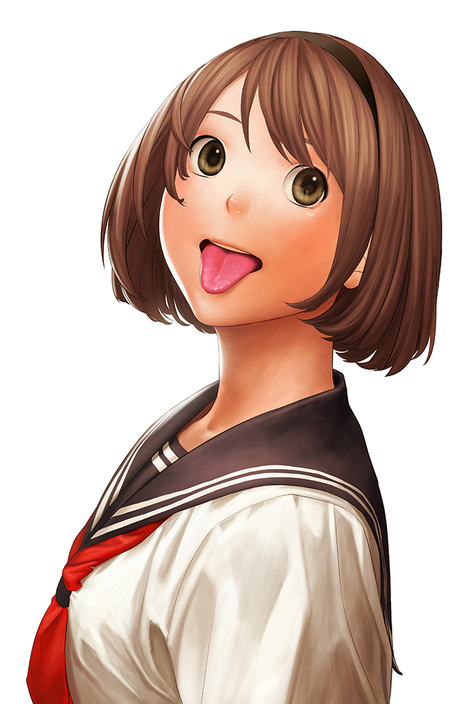 1girl brown_eyes hairband looking_at_viewer open_mouth original school_uniform serafuku short_hair simple_background solo teeth tongue tongue_out turiganesou800 white_background
