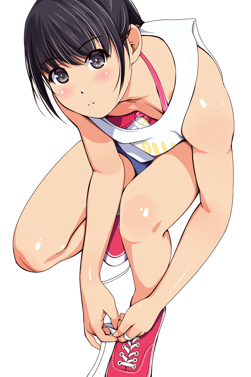 1girl bangs bare_arms bare_shoulders black_eyes black_hair blush bra breasts cleavage collarbone downblouse eyebrows eyebrows_visible_through_hair highres looking_at_viewer looking_up matsunaga_kouyou one_knee original parted_bangs pink_bra pink_shoes shiny shiny_skin shoes short_hair simple_background small_breasts solo tying_shoes underwear white_background
