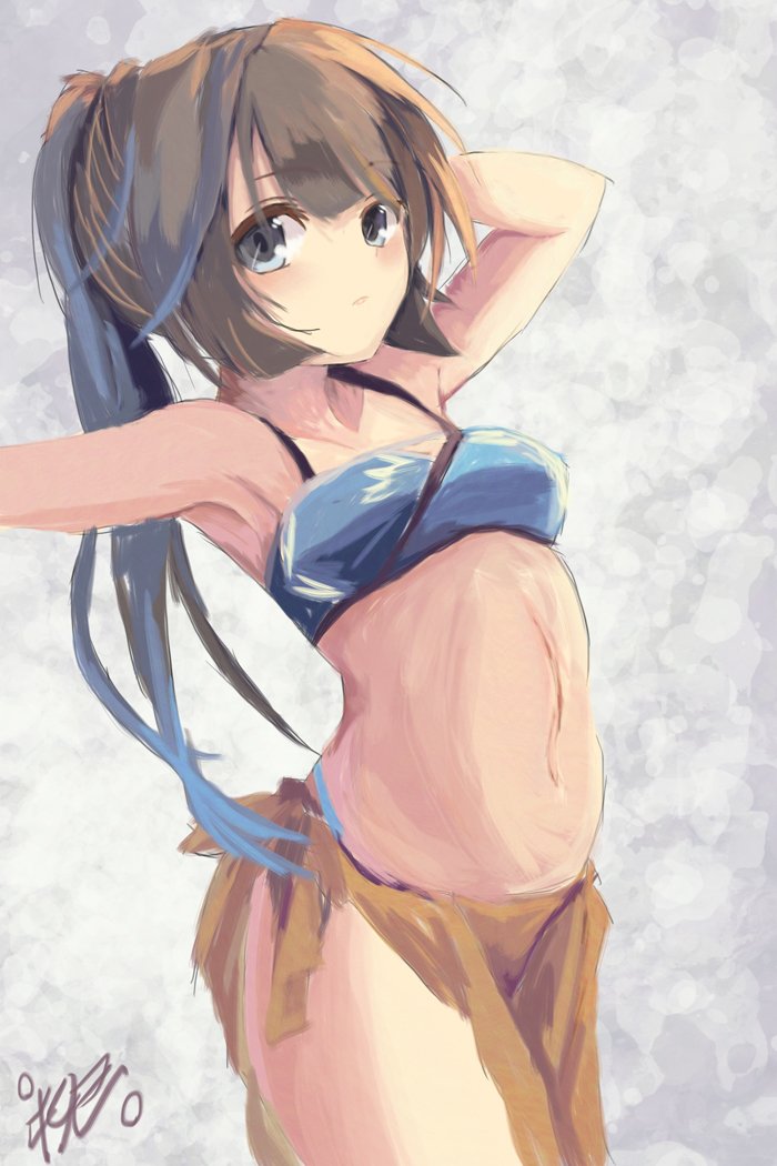 1girl adapted_costume alternate_costume arm_behind_head armpits arms_up artist_name bare_shoulders bikini blue_eyes breasts brown_hair commentary_request kantai_collection kazagumo_(kantai_collection) long_hair looking_at_viewer ponytail sarong small_breasts solo swimsuit yanagi_wakana