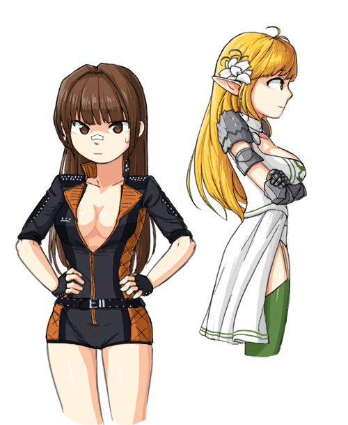 2girls bangs blonde_hair bodysuit breasts brown_eyes brown_hair cleavage dungeon_and_fighter female_fighter_(dungeon_and_fighter) hands_on_hips knight_(dungeon_and_fighter) large_breasts long_hair looking_at_viewer multiple_girls pointy_ears simple_background tagme white_background