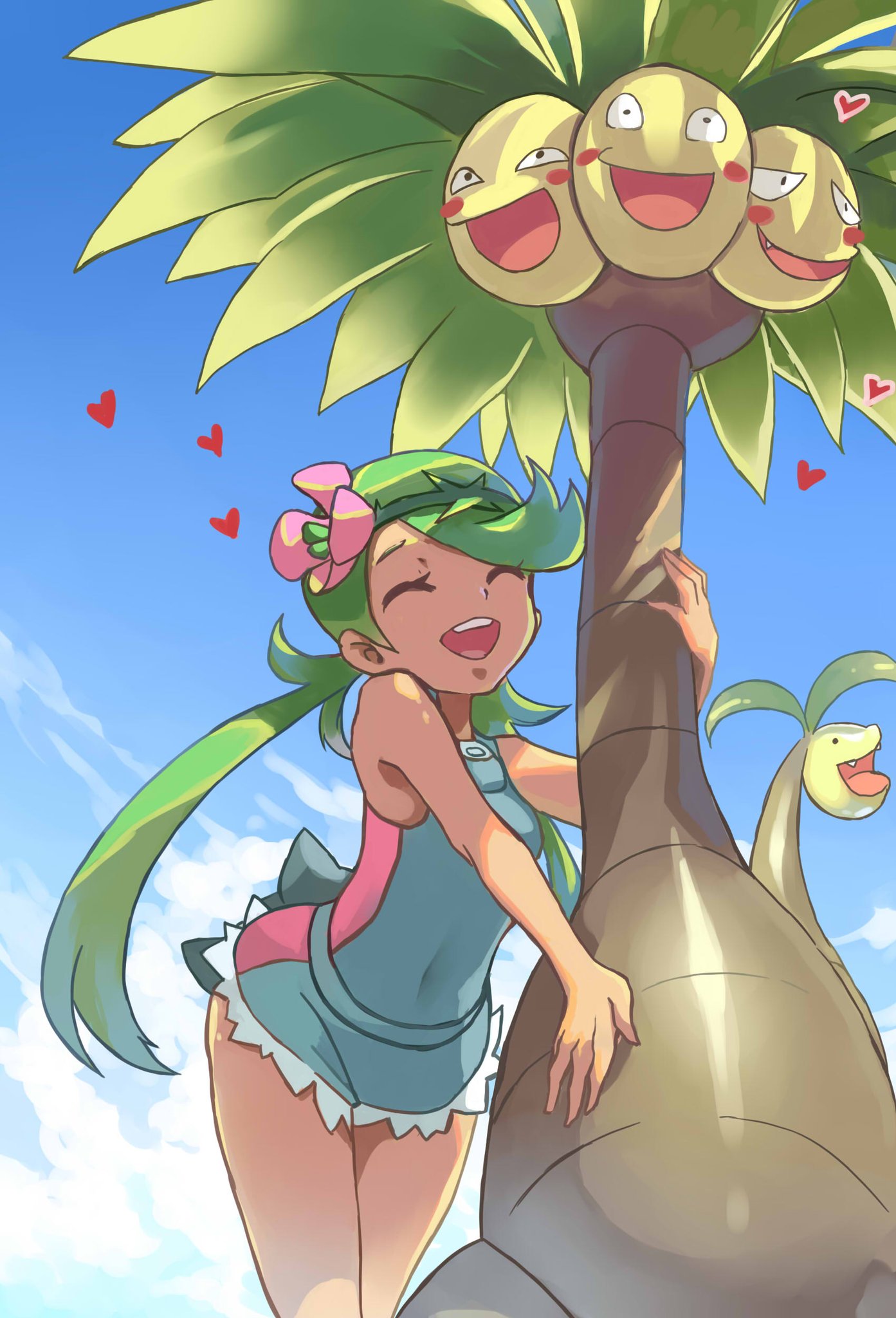 10s 1girl alolan_exeggutor blue_sky ceda_(dace) closed_eyes exeggutor green_eyes green_hair mallow_(pokemon) outdoors pokemon pokemon_(game) pokemon_sm smile twintails wide_hips