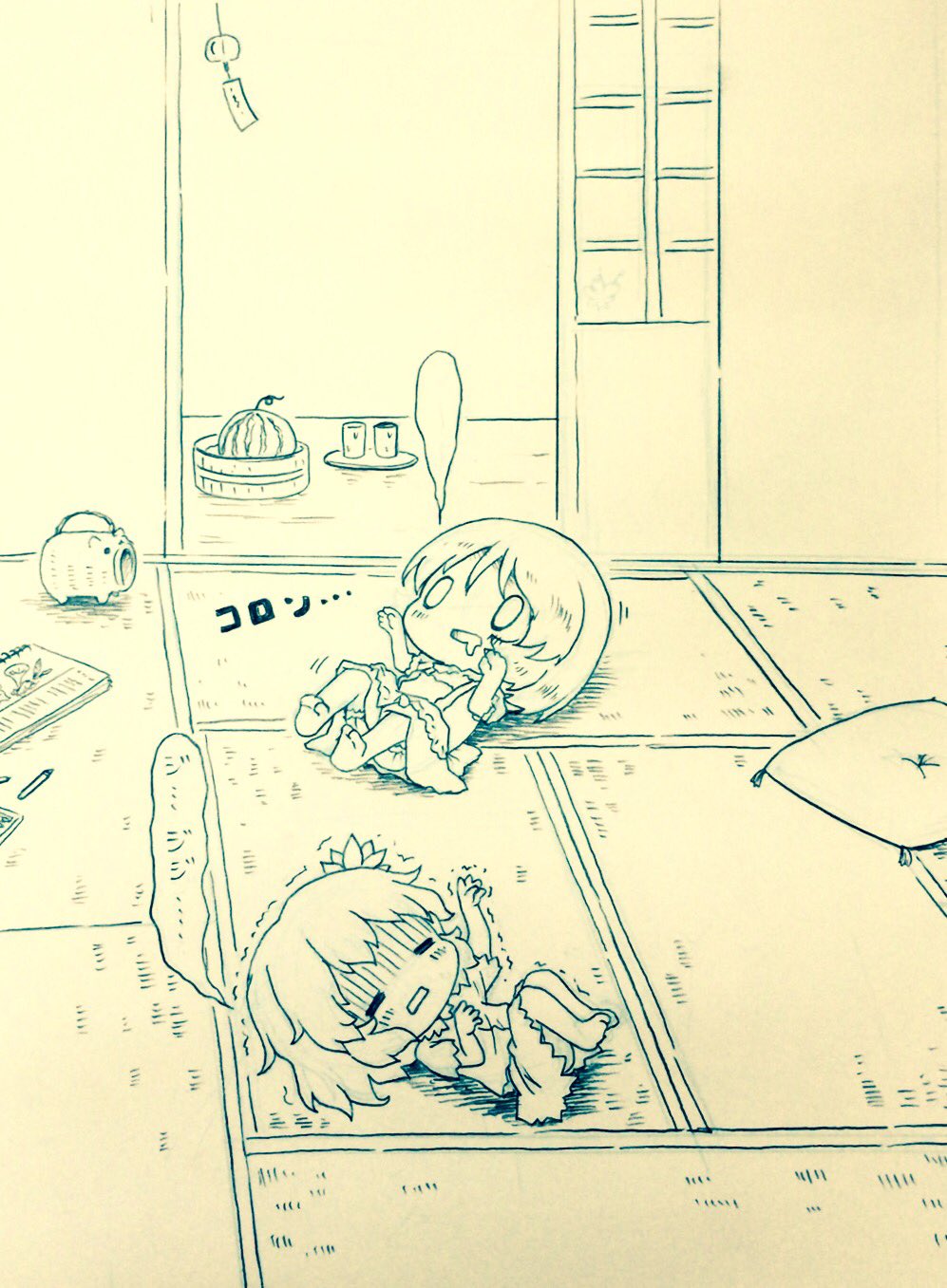 0_0 2girls aki_minoriko aki_shizuha arinu barefoot cicada cushion drooling food fruit giving_up_the_ghost greyscale highres lying monochrome multiple_girls on_back on_floor open_mouth short_hair siblings sisters skirt tatami touhou traditional_media trembling turn_pale watermelon wind_chime