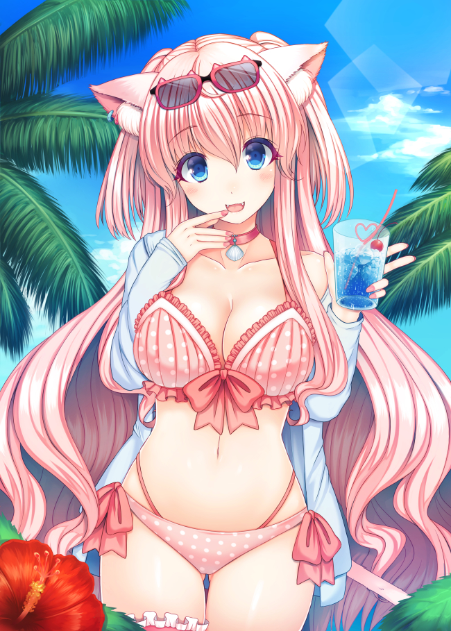 1girl animal_ears bikini blue_eyes blush breasts cat_ears cleavage clouds cup drinking_glass drinking_straw ear_piercing fangs flower glass glasses hibiscus kamanatsu large_breasts leg_garter long_hair looking_at_viewer navel open_clothes open_mouth original palm_tree piercing pink_bikini pink_hair polka_dot polka_dot_bikini sky smile solo sunglasses swimsuit tree