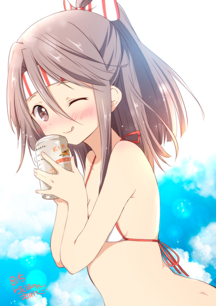 1girl ;d bare_shoulders beer_can bikini blue_sky blush brown_eyes can clouds commentary_request dated day hachimaki headband high_ponytail kantai_collection light_brown_hair long_hair looking_at_viewer md5_mismatch one_eye_closed open_mouth outdoors ponytail ragho_no_erika signature sky smile solo swimsuit white_bikini zuihou_(kantai_collection)