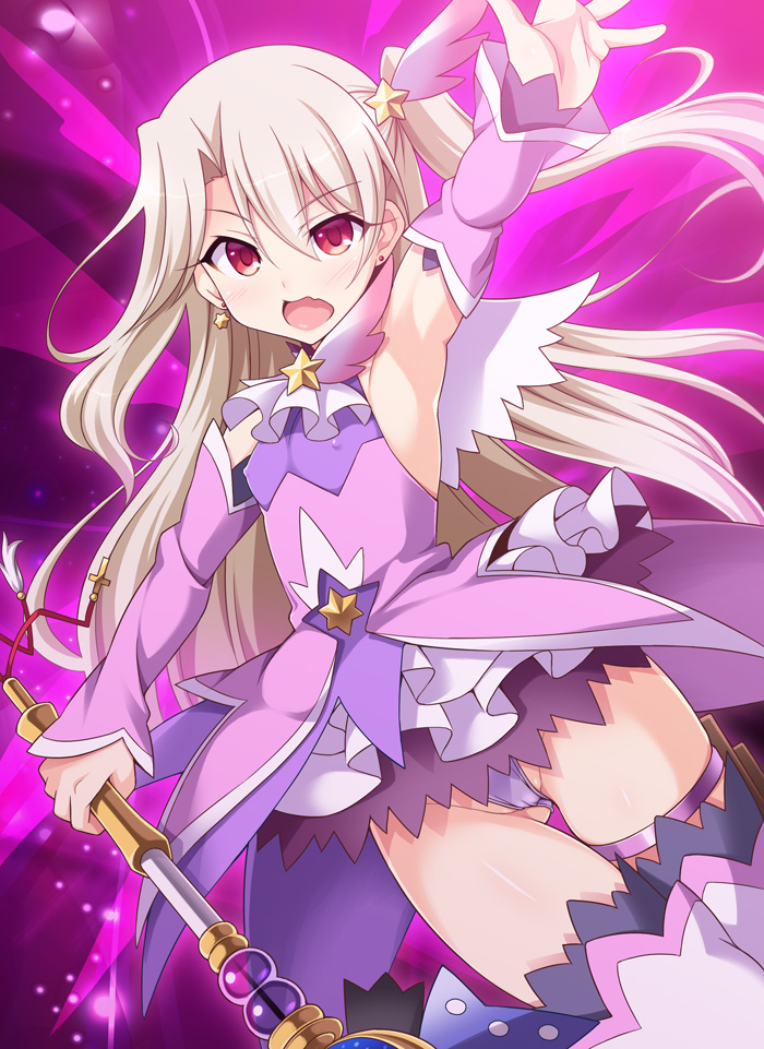 1girl armpits blush boots commentary_request detached_sleeves dress earrings elbow_gloves erect_nipples fate/kaleid_liner_prisma_illya fate_(series) feathers gloves hair_feathers hair_ornament illyasviel_von_einzbern jewelry kaleidostick long_hair looking_at_viewer magical_girl open_mouth pink_boots pink_dress prisma_illya prisma_illya_(zwei_form) red_eyes silver_hair solo soukai_(lemonmaiden) thigh-highs thigh_boots wand