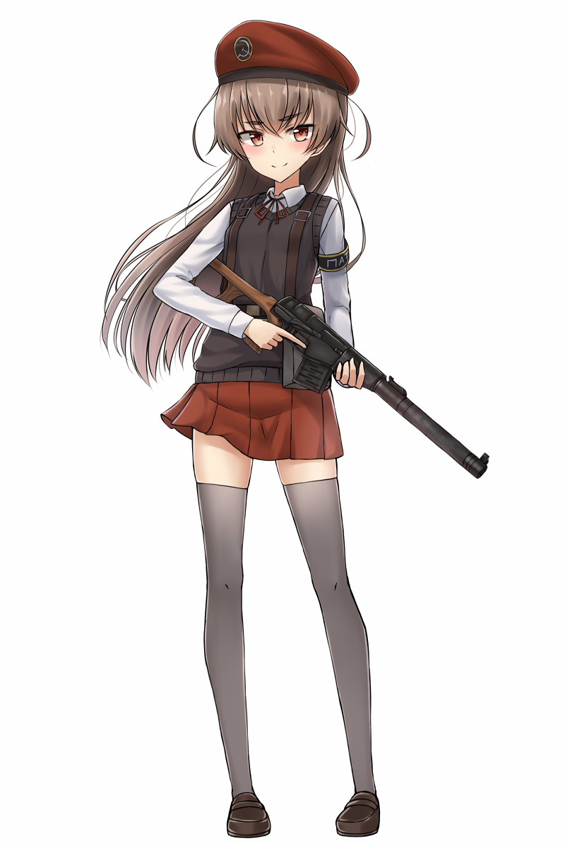 1girl armband beret brown_hair female full_body gun hammer_and_sickle hat holding holding_weapon long_hair long_sleeves looking_at_viewer original rabochicken rifle simple_background skirt smile solo thigh-highs trigger_discipline vest vss_vintorez weapon white_background