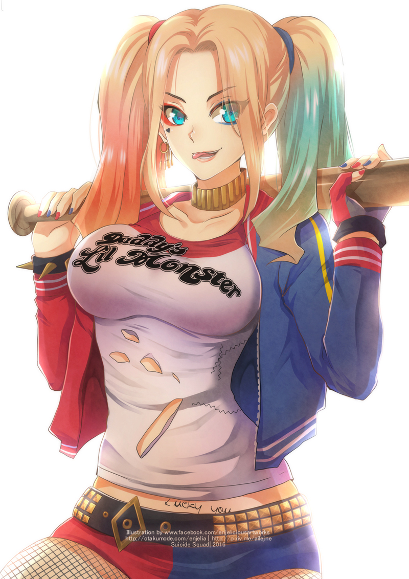 1girl ailejne baseball_bat batman_(series) belt blonde_hair blue_eyes breasts dc_comics harley_quinn jacket jewelry large_breasts lips lipstick long_hair makeup multicolored_hair pantyhose shorts smile solo suicide_squad twintails