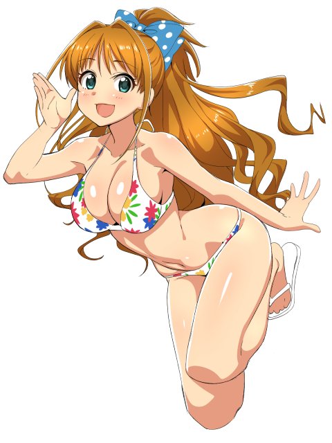 1girl aqua_eyes bikini blush bow breasts brown_hair chikuishi cleavage floral_print hair_bow hino_akane_(idolmaster) idolmaster idolmaster_cinderella_girls long_hair looking_at_viewer navel open_mouth polka_dot polka_dot_bow sandals simple_background smile solo swimsuit white_background