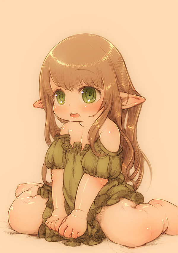 1girl bare_shoulders barefoot brown_hair child eyebrows eyebrows_visible_through_hair feral_lemma green_eyes long_hair open_mouth original pointy_ears solo wariza
