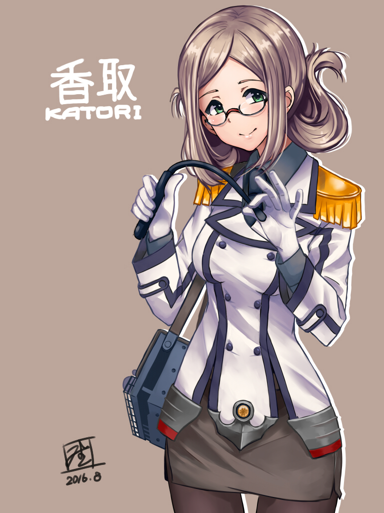 1girl bangs breasts brown_background brown_hair brown_legwear character_name collared_shirt dated double-breasted epaulettes folded_ponytail glasses gloves green_eyes jacket kantai_collection katori_(kantai_collection) light_brown_hair long_hair long_sleeves looking_at_viewer medium_breasts military military_uniform miniskirt mistrail necktie pantyhose parted_bangs pencil_skirt pointer riding_crop semi-rimless_glasses shirt simple_background skirt smile solo under-rim_glasses uniform white_gloves