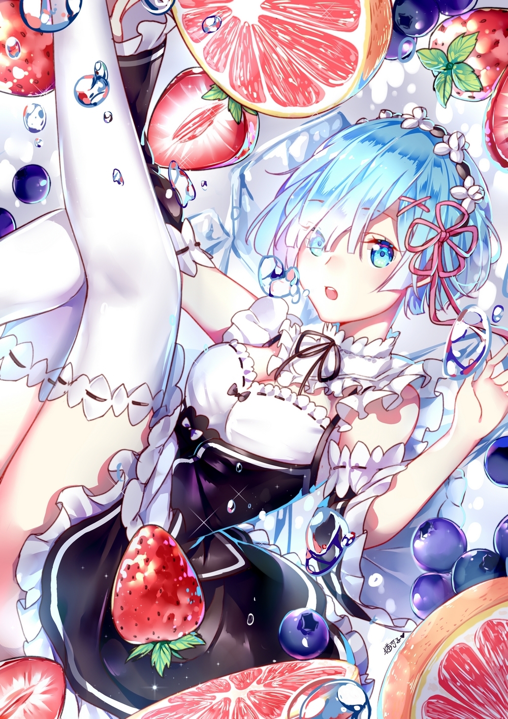 1girl :o air_bubble black_bow black_ribbon blue_eyes blue_hair blueberry bow breasts cleavage detached_sleeves eyebrows eyebrows_visible_through_hair eyelashes eyes_visible_through_hair food fruit grapefruit hair_ornament hair_over_one_eye hair_ribbon highres legs_up looking_at_viewer maid maokezi medium_breasts outstretched_arm oversized_object re:zero_kara_hajimeru_isekai_seikatsu rem_(re:zero) ribbon ribbon_trim short_hair solo strawberry submerged thigh-highs underbust underwater white_bow white_legwear x_hair_ornament