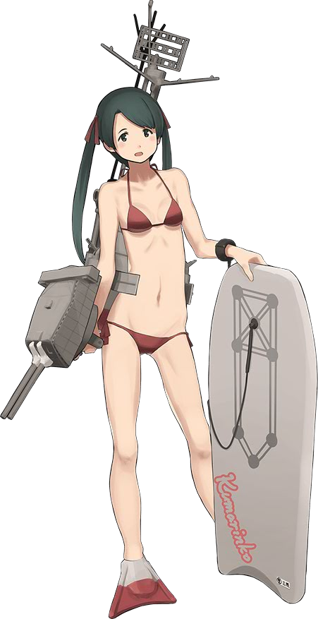 1girl bad_anatomy bare_shoulders bikini breasts flippers full_body green_eyes green_hair gun hair_ribbon holding holding_gun holding_weapon kantai_collection long_hair looking_at_viewer machinery mikuma_(kantai_collection) navel official_art open_mouth parody radio_antenna red_bikini ribbon sandals shibafu_(glock23) small_breasts solo surfboard swimsuit transparent_background turret twintails weapon