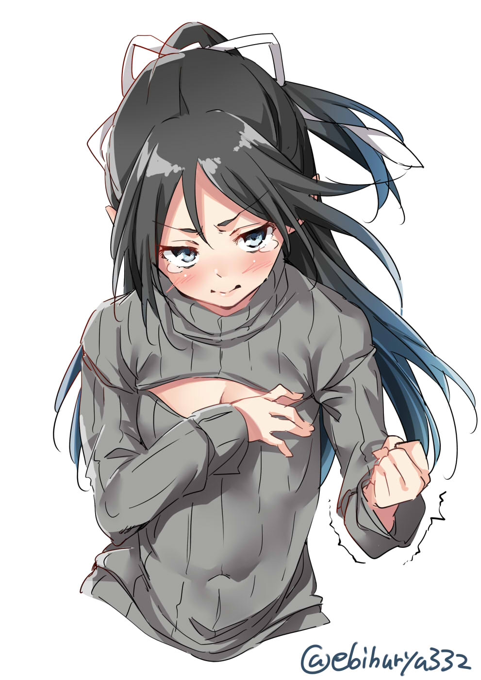 1girl black_hair blue_eyes blue_hair blush breast_conscious breasts ebifurya frown gradient_hair grey_sweater hair_between_eyes hair_ribbon high_ponytail highres kantai_collection katsuragi_(kantai_collection) lips long_hair looking_at_viewer meme_attire multicolored_hair navel open-chest_sweater ponytail ribbed_sweater ribbon simple_background small_breasts sweater tears trembling twitter_username upper_body