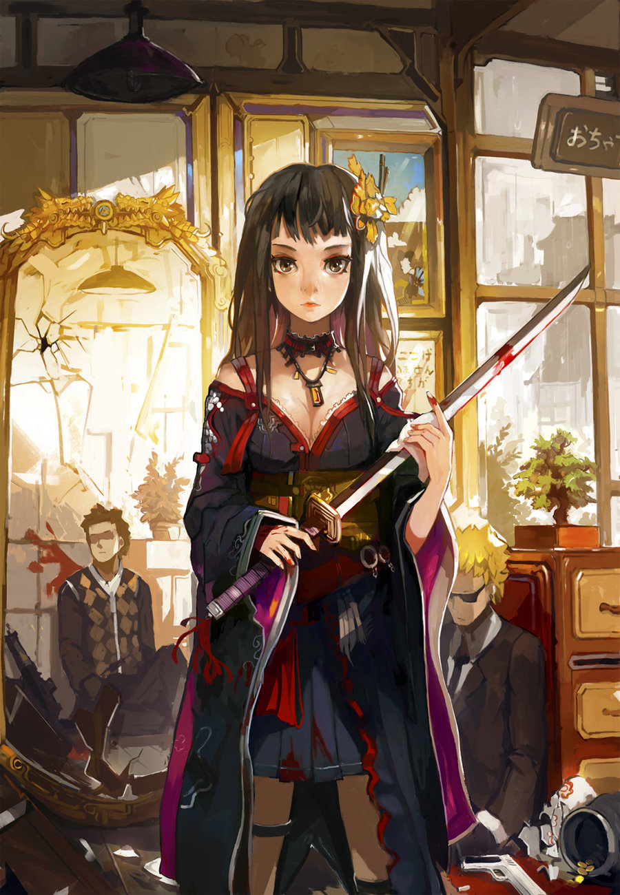 1girl alchemaniac blood blood_on_clothes broken_mirror brown_eyes brown_hair choker flower formal gun hair_ornament hairpin highres holding holding_sword holding_weapon jacket japanese_clothes jewelry katana kimono long_hair looking_at_viewer mirror necktie original robe scenery short_kimono suit sunglasses sword thigh-highs weapon
