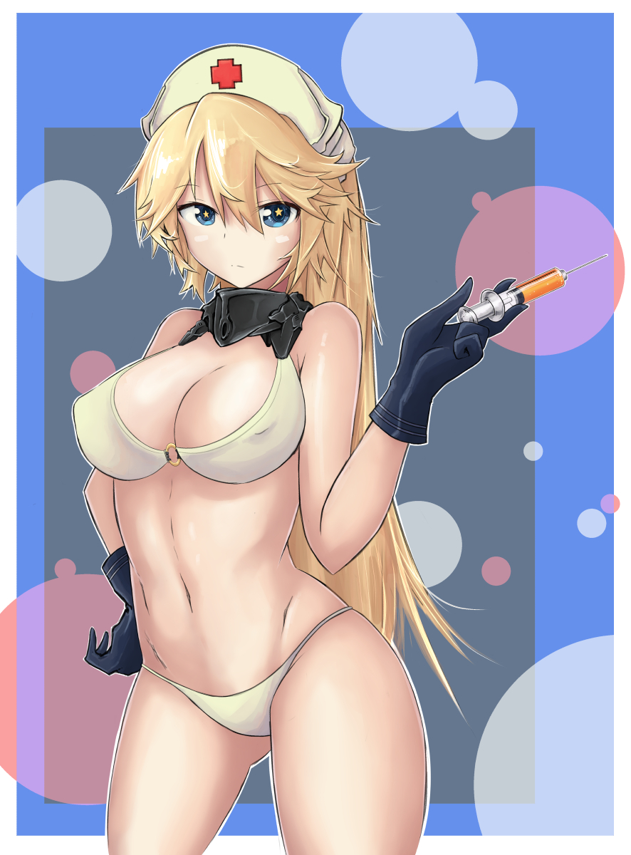 1girl alternate_costume alternate_hairstyle bikini black_gloves blonde_hair blue_eyes breasts circle erect_nipples gloves gluteal_fold hand_on_hip hat highres iowa_(kantai_collection) kantai_collection large_breasts looking_at_viewer navel nurse nurse_cap o-ring_top ponytail serious short_sleeves solo star star-shaped_pupils swimsuit symbol-shaped_pupils syringe thighs white_bikini yam-potong