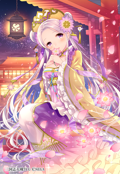 1girl architecture blush breasts chinese_clothes cleavage company_name crown east_asian_architecture flower hair_flower hair_ornament hair_stick lady_wang lamp long_hair night night_sky petals sangokushi_taisen sitting sky solo sparkle star_(sky) twintails very_long_hair violet_eyes wasabi_(sekai) watermark white_hair