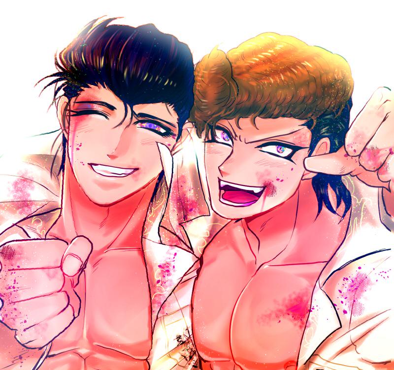 2boys ;) black_hair blood blood_on_face bloody_clothes bloody_hands brothers clenched_teeth close-up dangan_ronpa dangan_ronpa_1 grin multiple_boys nipples norita_(eri6m6rie) one_eye_closed oowada_daiya oowada_mondo pompadour shirtless siblings simple_background smile teeth white_background younger