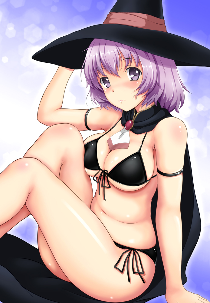 1girl arm_at_side arm_strap arm_support belly bikini black_bikini black_cape black_hat blush breast_press breasts brooch cleavage closed_mouth eyebrows eyebrows_visible_through_hair front-tie_bikini front-tie_top gloves gradient gradient_background hai_to_gensou_no_grimgar hair_between_eyes hand_on_headwear hand_up hat hat_ribbon hexagon jewelry kishimen knees_up lens_flare looking_at_viewer medium_breasts navel plump purple_hair ribbon shihoru_(grimgar) shiny shiny_skin short_hair side-tie_bikini sitting solo stomach string_bikini swimsuit under_boob violet_eyes witch_hat