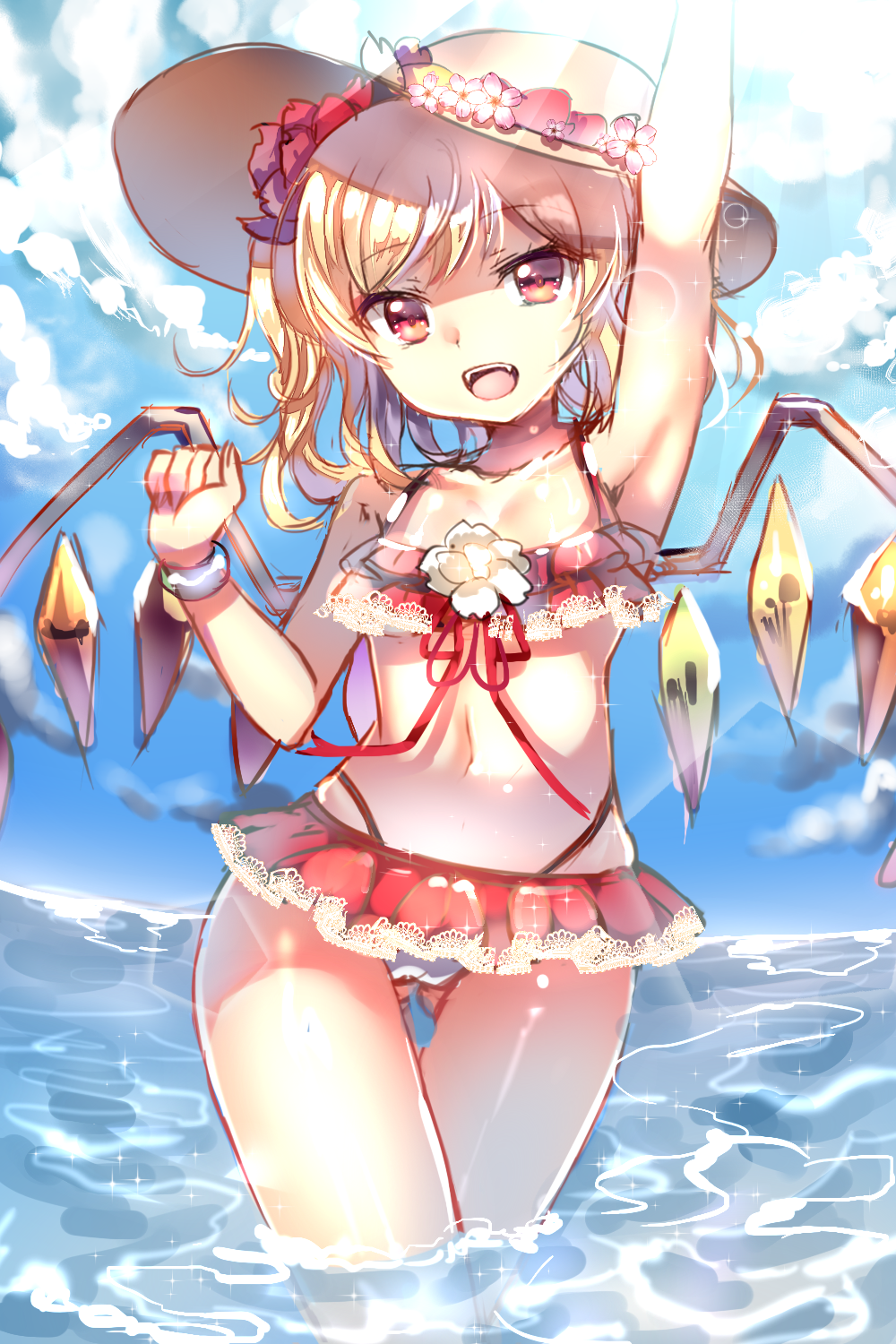 1girl arm_up armpits bikini blonde_hair blue_sky flandre_scarlet gluteal_fold hat highres looking_at_viewer open_mouth outdoors papo red_bikini red_eyes sketch sky smile solo sun_hat sunlight swimsuit thigh_gap touhou water wings wrist_cuffs