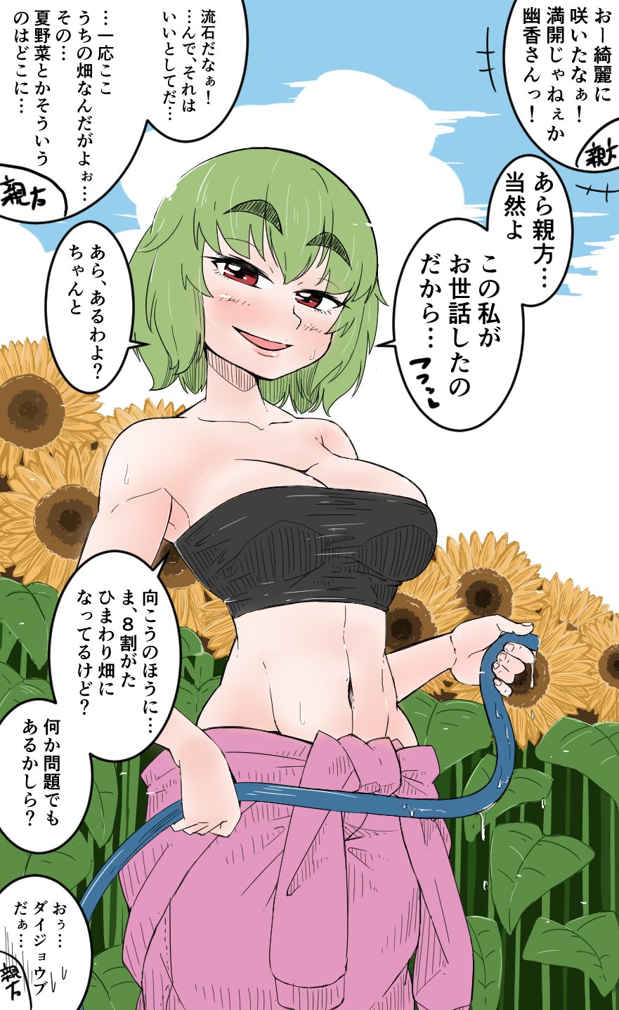 1girl alternate_costume bandeau black_bra blue_sky blush bra breasts cleavage clothes_around_waist clouds collarbone cowboy_shot day eyebrows eyebrows_visible_through_hair flower garden_of_the_sun green_hair highres hips hose jumpsuit kazami_yuuka looking_at_viewer medium_breasts muscle naughty_face no_panties short_hair sky solo strapless strapless_bra sunflower sweat takeu thick_eyebrows toned touhou translation_request underwear waist water_drop