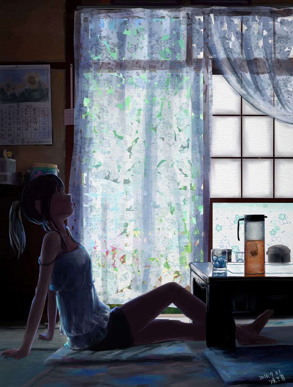 arm_support backlighting barefoot black_hair calendar_(object) camisole commentary cup curtains cushion dark dated drinking_glass flyswatter highres ice indoors leaning_back long_hair looking_up original pitcher ponytail profile scenery shorts signature sitting strap_slip summer sunlight table tatami tea water_heater window yakikoke