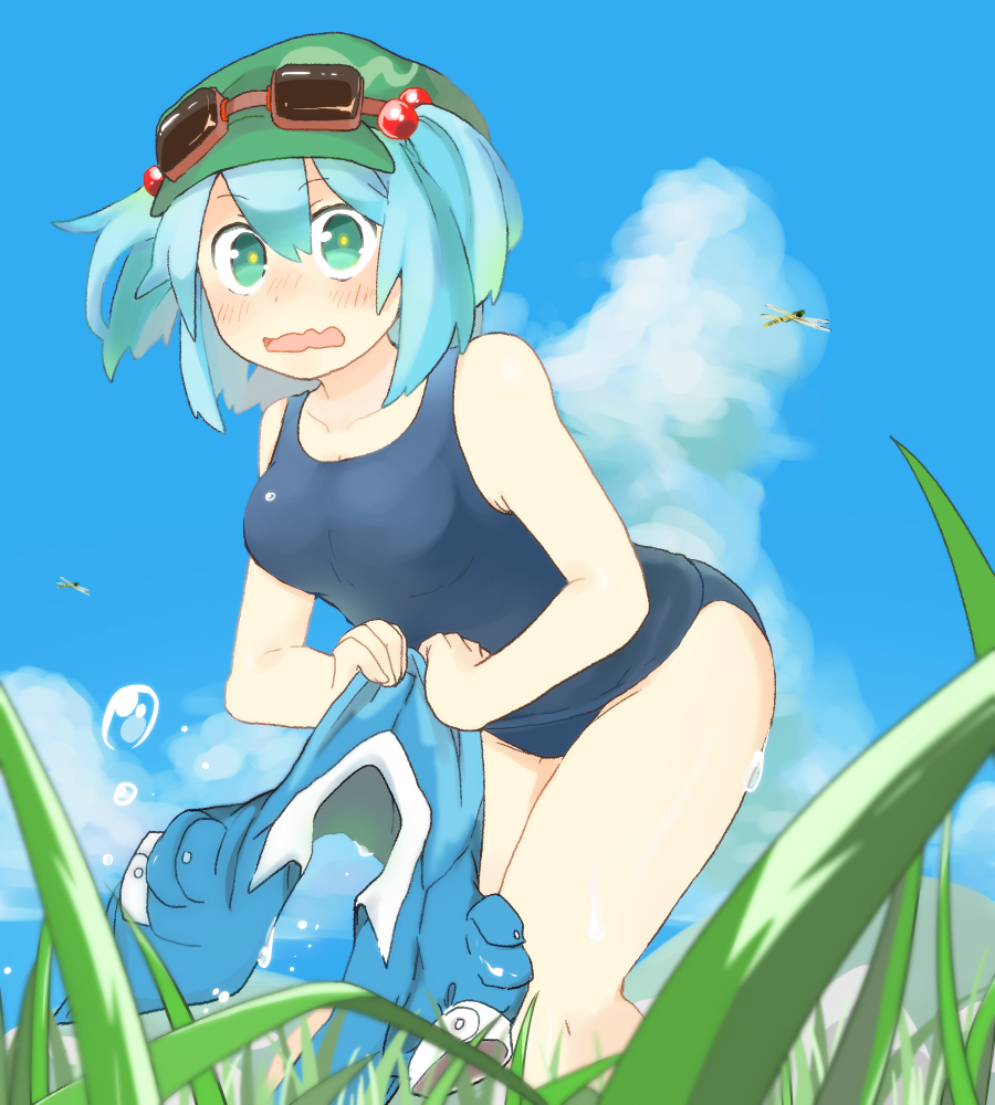 1girl back bare_shoulders blue_eyes blue_hair blue_shirt blue_sky blush breasts buttons citrus_(place) clouds cloudy_sky collarbone dragonfly embarrassed eyebrows eyebrows_visible_through_hair goggles goggles_on_head grass hair_bobbles hair_ornament hat holding_shirt insect kawashiro_nitori leaning_forward looking_at_viewer nose_blush one-piece_swimsuit open_mouth plant pocket puffy_short_sleeves puffy_sleeves school_swimsuit shirt short_hair short_sleeves short_twintails sky solo surprised swimsuit touhou twintails two_side_up water water_drop