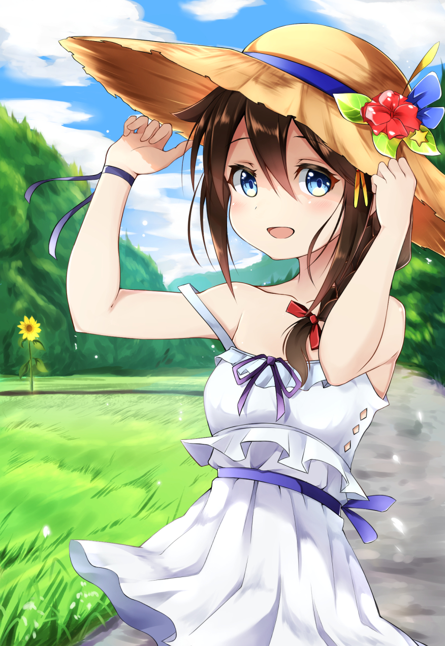 1girl alternate_costume bare_shoulders blue_eyes blurry braid brown_hair casual depth_of_field dress hair_flaps hair_ornament hair_over_shoulder hair_ribbon hairclip hat highres kantai_collection looking_at_viewer nyum open_mouth outdoors remodel_(kantai_collection) ribbon shigure_(kantai_collection) single_braid solo strap_slip straw_hat sundress tress_ribbon upper_body white_dress wrist_ribbon