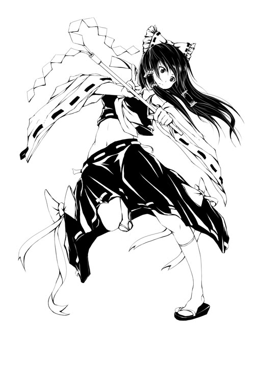 1girl action ascot between_fingers bow breasts crop_top detached_sleeves focused frilled_bow frills full_body gohei hair_bow hair_tubes hakurei_reimu hips kneehighs leg_up lineart long_hair medium_breasts midriff monochrome navel no_panties ribbon-trimmed_skirt ribbon-trimmed_sleeves ribbon_trim sanyuejiuri serious shirt simple_background sleeveless sleeveless_shirt solo stance standing standing_on_one_leg stomach talisman touhou white_background wide_sleeves zouri