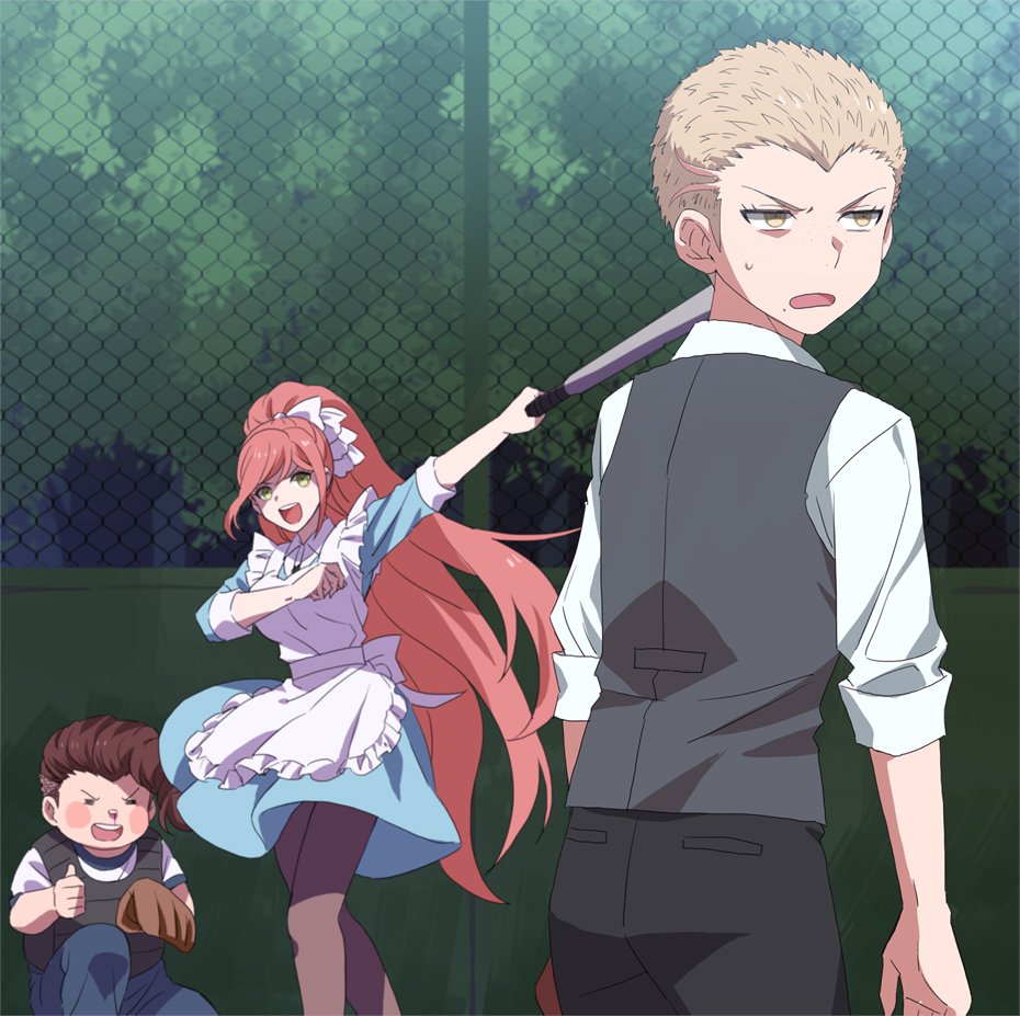 1girl 2boys apron baseball_bat blonde_hair blood chain-link_fence dangan_ronpa dangan_ronpa_3 fence green_eyes hanamura_teruteru kuzuryuu_fuyuhiko long_hair maid_apron multiple_boys nosebleed pantyhose ponytail sweatdrop thumbs_up umpire very_long_hair waistcoat yukizome_chisa