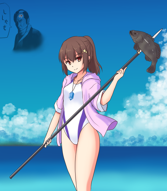1girl brown_eyes brown_hair character_request clouds competition_swimsuit fish gomi_(gomitin) hood hooded_jacket hoodie jacket jewelry long_hair one-piece_swimsuit pendant polearm ponytail smile spear standing swimsuit touhou weapon