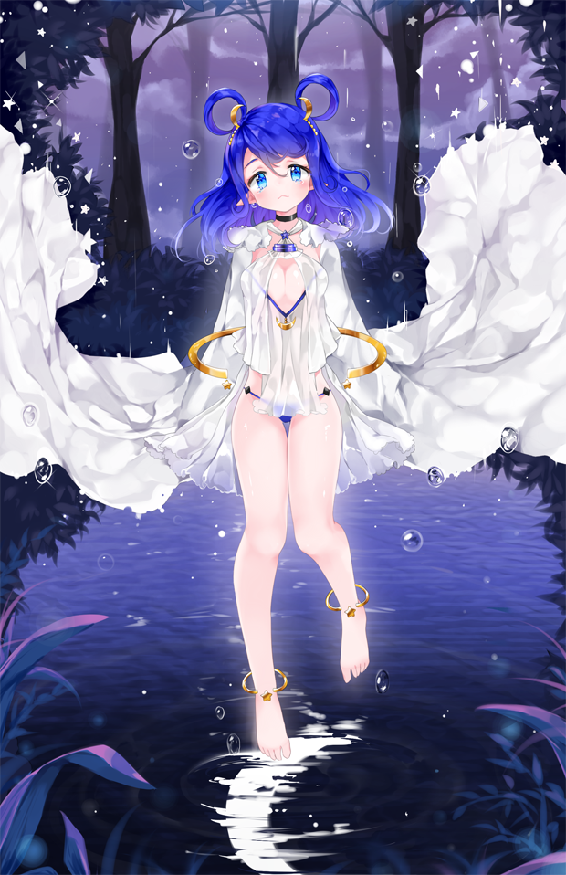 1girl barefoot blue_hair breasts choker cleavage crescent_moon forest full_body hair_ornament hair_rings li.b_(liebenib) long_hair looking_at_viewer moon nature original outdoors pointy_ears reflection solo tree white_clothes wide_sleeves