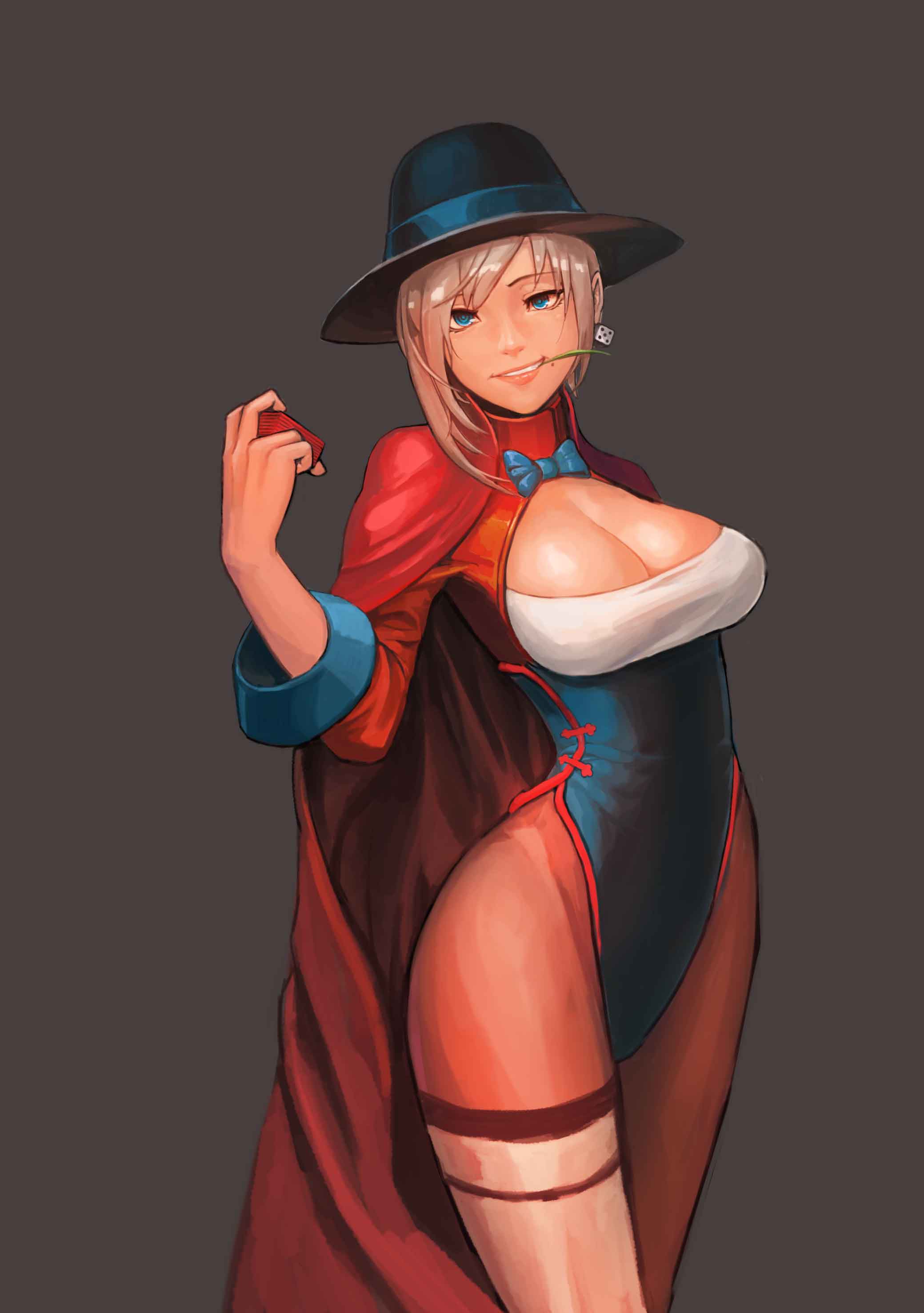 1girl absurdres bi-gwang blonde_hair blue_eyes breasts cape card cleavage cowboy_shot dice dice_earrings fedora framed_breasts grey_background hat hero_warz herowarz highleg highleg_leotard highres large_breasts leotard long_hair looking_at_viewer mole mole_under_mouth playing_card red_cape simple_background smile solo tamidro thighs