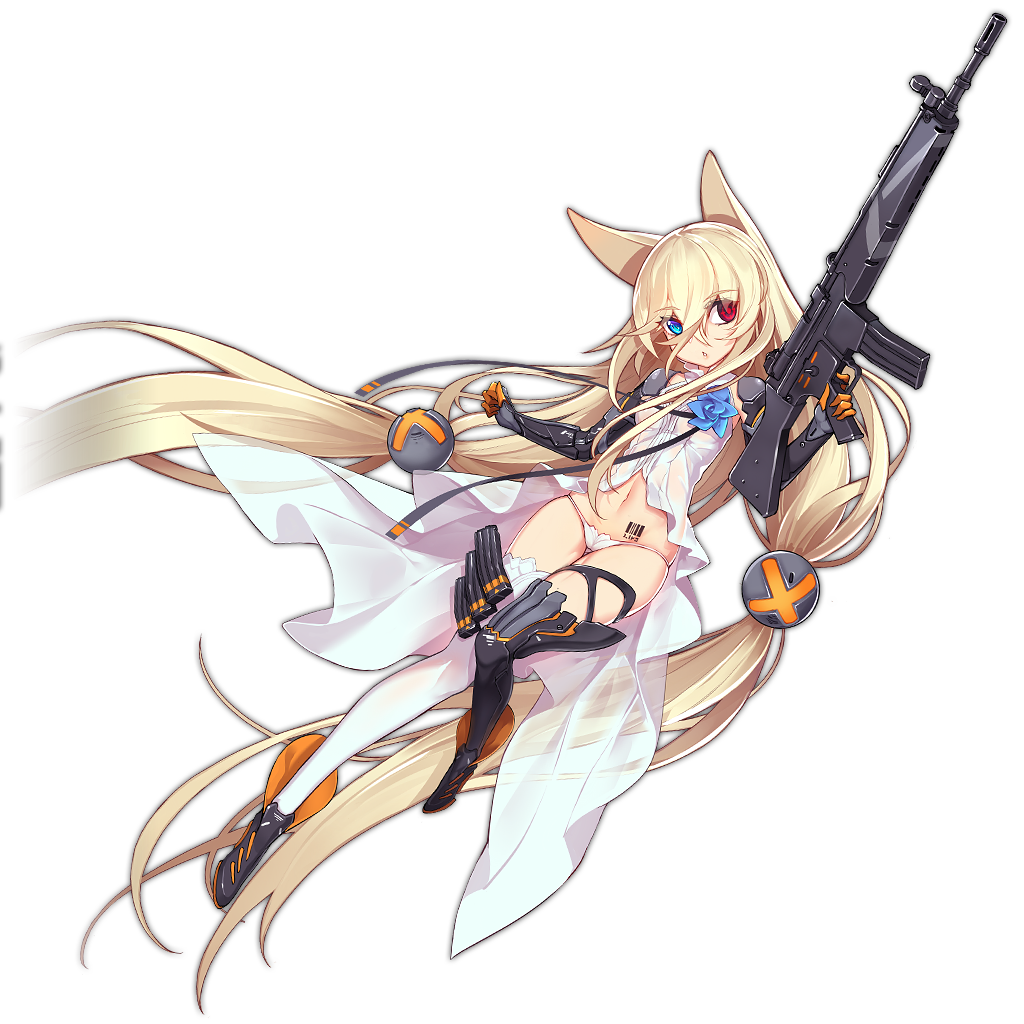 1girl absurdly_long_hair animal_ears assault_rifle barcode black_legwear blonde_hair blue_eyes cat_ears flower full_body g41_(girls_frontline) girls_frontline gloves gun heterochromia holding holding_weapon long_hair low-tied_long_hair mismatched_legwear ntrsis official_art panties red_eyes rifle shirt solo thigh-highs tied_hair transparent_background twintails underwear very_long_hair weapon white_legwear white_panties white_shirt