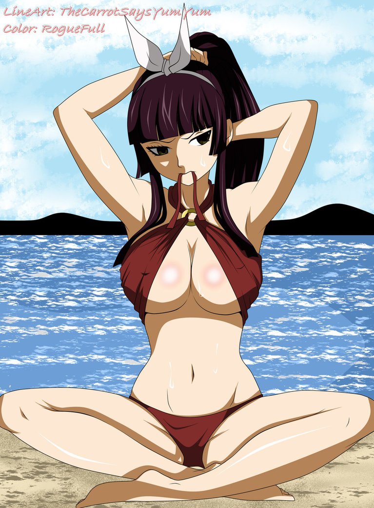 1girl beach bikini breasts fairy_tail hair_flower hair_ornament hair_tie kagura_mikazuchi large_breasts long_hair purple_hair swimsuit under_boob