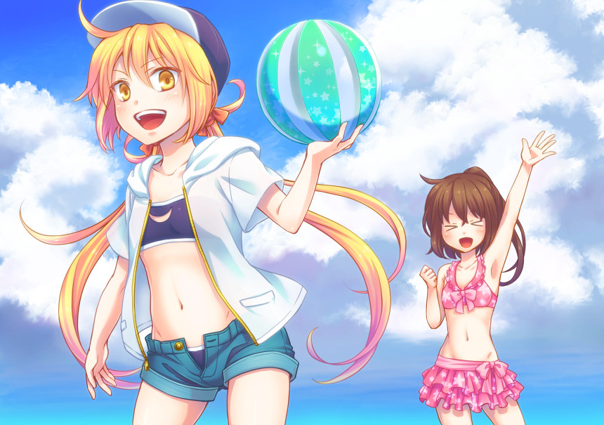 &gt;_&lt; 2girls :d ahoge alternate_costume arm_up armpits ball bare_arms beachball bikini bikini_skirt bikini_under_clothes blonde_hair blush bow brown_hair closed_eyes clouds cloudy_sky collarbone commentary_request frilled_bikini frills from_below fumizuki_(kantai_collection) hair_ribbon hat holding_ball hood hoodie kantai_collection long_hair looking_at_viewer low_twintails midriff multiple_girls nao_(kamonegiiii) navel ocean open_clothes open_mouth outdoors ponytail remodel_(kantai_collection) ribbon satsuki_(kantai_collection) short_shorts short_sleeves shorts sky smile swimsuit twintails unbuttoned unzipped waving yellow_eyes