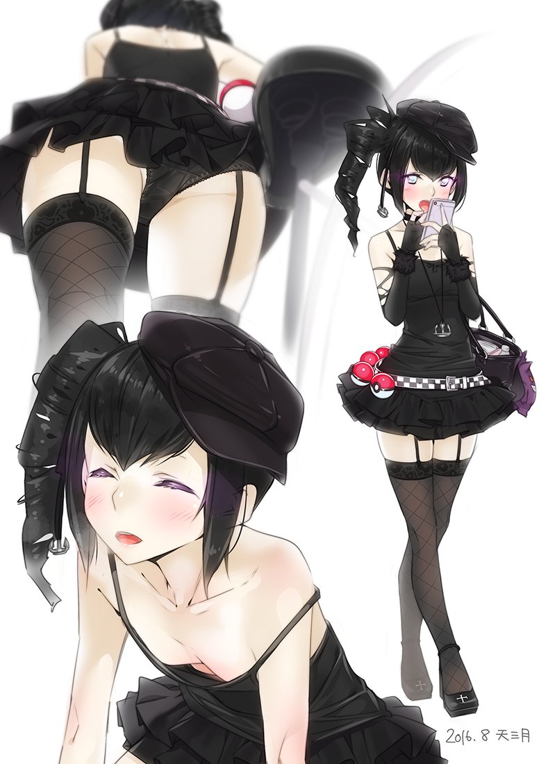 10s 1girl 2016 alternate_skin_color ama_mitsuki ancient_destroyer_oni ass bag belt bicycle black_dress black_gloves black_hair black_legwear black_panties blush breasts cabbie_hat cellphone checkered closed_eyes collarbone commentary_request cross dated downblouse dress drill_hair elbow_gloves extended_downblouse female fingerless_gloves fishnet_legwear fishnets from_below garter_straps gengar gloves glowing glowing_eyes gothic_lolita ground_vehicle handbag hat kantai_collection legs_crossed lolita_fashion long_hair looking_at_viewer multiple_views off_shoulder open_mouth panties pantyshot phone poke_ball pokemon pokemon_go shinkaisei-kan shoes side_ponytail small_breasts smile solo strap_slip thigh-highs underwear upskirt violet_eyes white_background