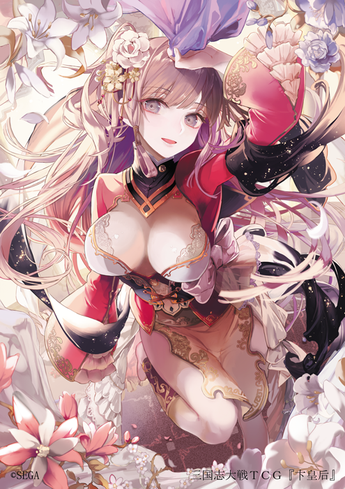 1girl bian_shi breasts breasts_apart brown_hair chinese_clothes company_name flower hair_flower hair_ornament large_breasts leaf long_hair open_mouth sangokushi_taisen solo thigh-highs very_long_hair watermark yukisame
