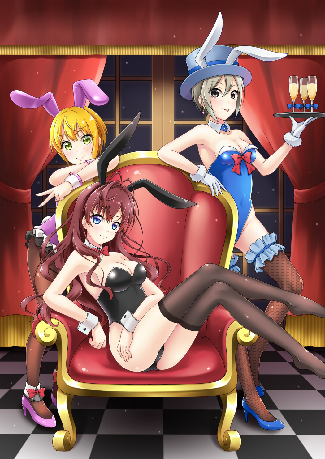 3girls 7nanappe :3 :p animal_ears antenna_hair armchair armpits ass bare_arms bare_shoulders black_legwear blonde_hair blue_bow blue_hat blue_shoes blush bow bowtie breasts bunny_girl bunnysuit chair checkered checkered_floor cleavage closed_mouth collarbone covered_navel cup curtains detached_collar drink drinking_glass earrings frilled_leotard frills full_body gloves green_eyes grey_eyes groin hair_intakes hand_gesture hat high_heels highres holding holding_tray ichinose_shiki idolmaster idolmaster_cinderella_girls indoors jewelry leg_garter leotard liquid long_hair looking_at_viewer medium_breasts miyamoto_frederica multiple_girls pantyhose purple_hair rabbit_ears red_bow red_bowtie shiomi_shuuko shoes short_hair sitting smile thigh-highs tongue tongue_out top_hat tray v white_gloves window wrist_cuffs