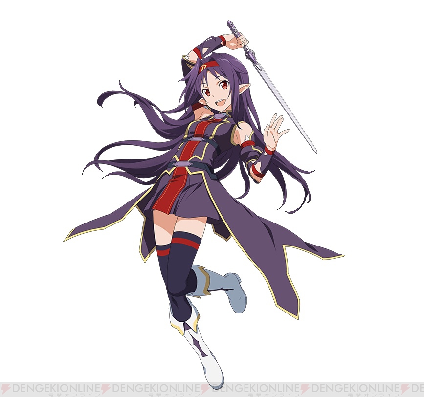 1girl black_legwear detached_sleeves hairband holding holding_sword holding_weapon long_hair looking_at_viewer open_mouth pointy_ears purple_hair red_eyes simple_background solo sword sword_art_online sword_art_online:_code_register thigh-highs watermark weapon white_background yuuki_(sao)
