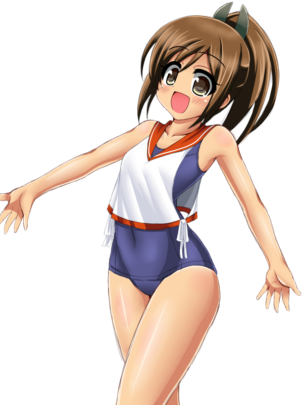 1girl brown_eyes brown_hair i-401_(kantai_collection) kantai_collection open_mouth ponytail sailor_collar school_swimsuit short_hair standing swimsuit swimsuit_under_clothes yaeba