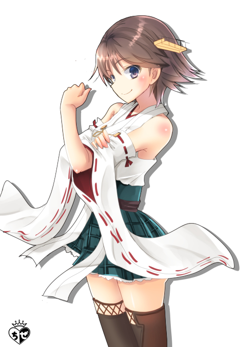 1girl blue_eyes brown_hair chize detached_sleeves hairband hand_on_own_arm hiei_(kantai_collection) japanese_clothes kantai_collection looking_at_viewer nontraditional_miko plaid plaid_skirt short_hair skirt smile solo thigh-highs watermark white_background wide_sleeves