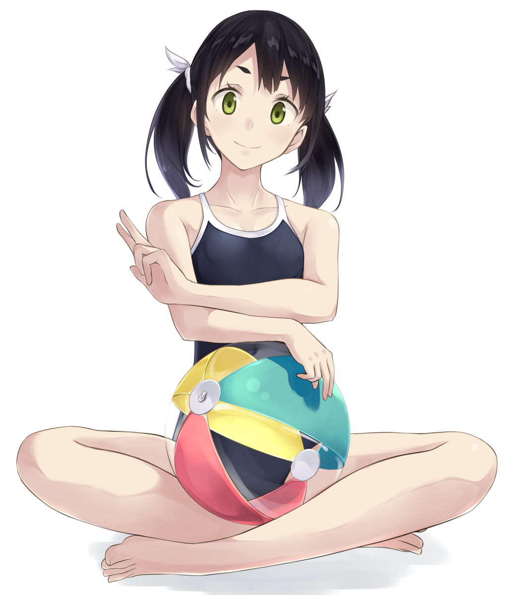 1girl ball barefoot beachball black_hair breasts competition_school_swimsuit full_body green_eyes highres hiwatari_rin long_hair looking_at_viewer one-piece_swimsuit original simple_background sitting small_breasts smile solo swimsuit twintails v white_background